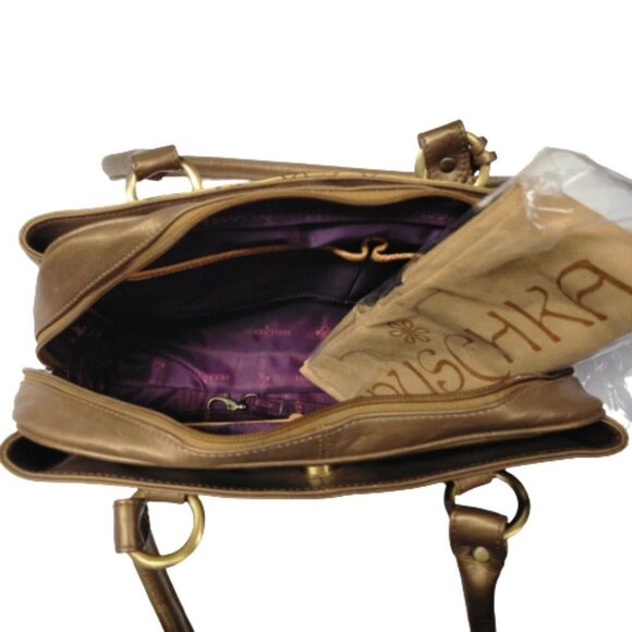 Anuschka Leather Handbag Bronze Gold Handpainted Triple Compartment Handbag - Picture 6 of 16